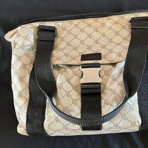 Lauren Ralph Lauren Monogram Tan/Brown Logo Nylon Canvas Tote Bag Black Straps